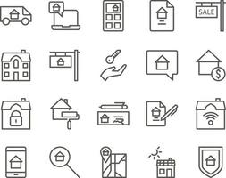 house, security, shield set vector icons. Real estate icon set. Simple Set of Real Estate Related Vector Line Icons. Contains such Icons as Map, Plan, Bedrooms on white background