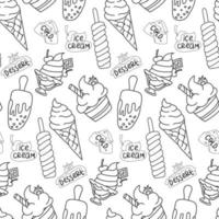 Funny pattern of assorted ice cream on a white background. Linear drawings in the doodle style of different types of ice cream and inscriptions for printing. Greeting cards and textiles, packaging vector