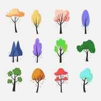 Collection of pastel color deciduous forest plants isolated on white background. Botanical collection of bare trees and trees with lush leaves and crowns. Flat vector illustration set