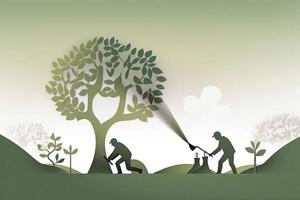 cenador día bandera. papel cortar ilustración de dos adulto siluetas plantando un pequeño árbol en naturaleza para verder el mundo ambiente foto