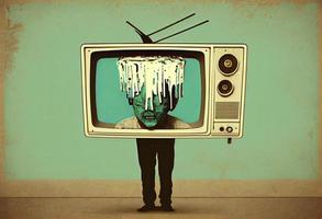 a person with his head inside a television in vintage pop style photo