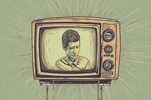 a person with his head inside a television in vintage pop style photo