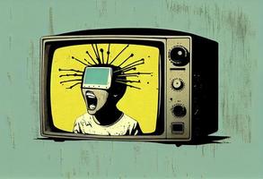 a person with his head inside a television in vintage pop style photo