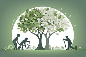 Arbor day banner. Paper cut illustration of two adult silhouettes planting a small tree in nature for greener the world environment photo