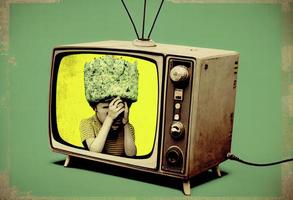 a person with his head inside a television in vintage pop style photo