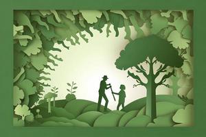 Arbor day banner. Paper cut illustration of two adult silhouettes planting a small tree in nature for greener the world environment photo