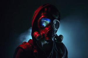 blue and red illuminated person with a gas mask photo