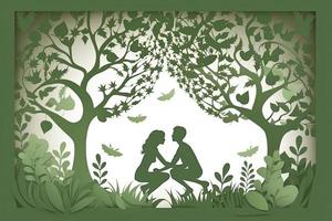 Arbor day banner. Paper cut illustration of two adult silhouettes planting a small tree in nature for greener the world environment photo