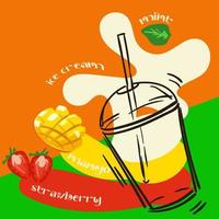 A glass of strawberry smoothie, mango, ice cream or milkshake and fresh strawberries, straw. A glass with a striped smoothie recipe for cooking. The menu of the cafe, restaurant. Vector illustration