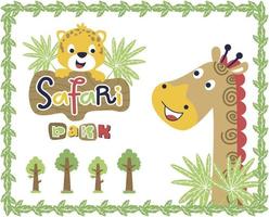 Funny giraffe with little cat in leaves frame border vector