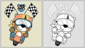 Cartoon vector of funny cat riding motorbike, motor racing element, coloring book or page