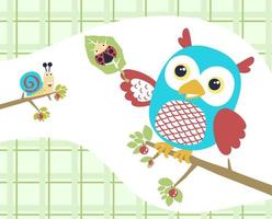 Cute owl perch on tree branches with little bugs. Vector cartoon illustration