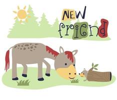 Funny horse and squirrel in forest, vector cartoon illustration