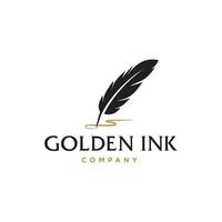 author signature logo, feather quill pen with golden ink logo , vintage Fountain pen logo with gold ink icon, luxury elegant classic stationery illustration isolated on white background vector