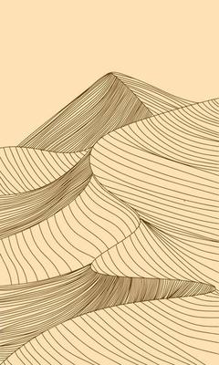 A drawing of a desert with a mountain range in the background.