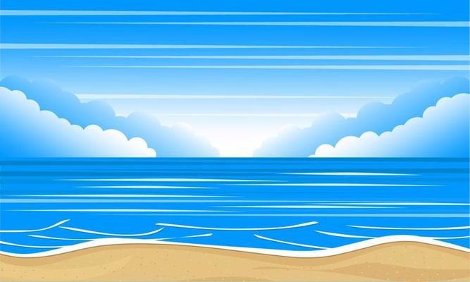 Blue sea and the sky with clouds. Ocean landscape. Vector illustration.