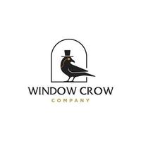 gothic church logo. black raven crow with golden monocle glasses and bowler top hat in a window icon logo design vector Illustration
