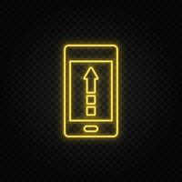 Yellow neon icon phone, arrow up, upload. Dark background vector