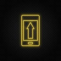 Yellow neon icon phone, arrow up, upload. Dark background. vector