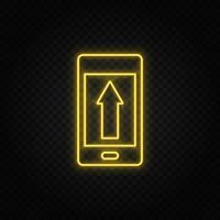 Yellow neon icon phone, arrow up, upload. Dark background. vector