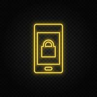 Yellow neon icon phone, lock. Dark background. vector