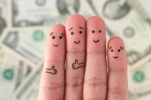 arte de los dedos de la familia en el fondo del dinero. foto