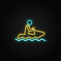 Snow motorbike. Blue and yellow neon vector icon. Dark background.