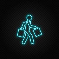 compras, hombre. azul y amarillo neón vector icono. oscuro antecedentes.