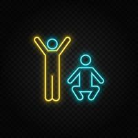 Exercise, mans. Blue and yellow neon vector icon. Dark background.