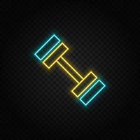 Dumbbell. Blue and yellow neon vector icon. Dark background.