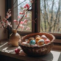 A beautiful Easter background with colorful eggs ready to be served at the festive table. photo