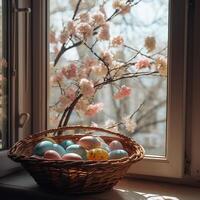 A beautiful Easter background with colorful eggs ready to be served at the festive table. photo