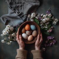 A beautiful Easter background with colorful eggs ready to be served at the festive table. photo