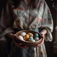 A beautiful Easter background with colorful eggs ready to be served at the festive table. photo