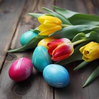 A beautiful Easter background with colorful eggs ready to be served at the festive table. photo