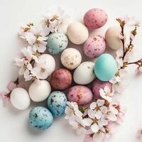 A beautiful Easter background with colorful eggs ready to be served at the festive table. photo