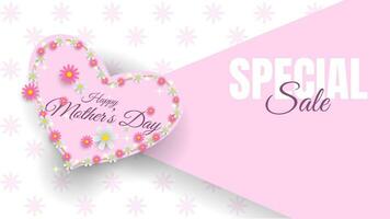 happy mother's day sale banner design with flowers and  heart shapes in pink and white color for business promotion vector