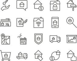 feedback, house, property set vector icons. Real estate icon set. Simple Set of Real Estate Related Vector Line Icons. Contains such Icons as Map, Plan, Bedrooms on white background