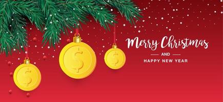 Christmas tree branch with decorative gold dollar symbol. Dollar sign as christmas bauble hanging on pine twig vector