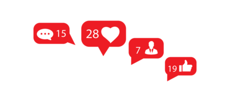 Single social media icon red and white with human symbols, likes, hearts and chat. png