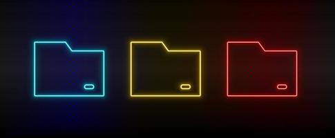 Neon icon set folder. Set of red, blue, yellow neon vector icon on dark transparent background