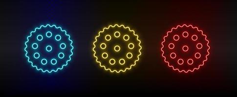 Neon icon set biscuit. Set of red, blue, yellow neon vector icon on dark background