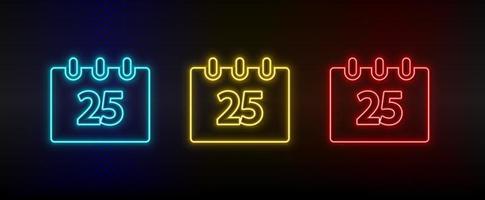 Neon icon set calendar, Christmas, event. Set of red, blue, yellow neon vector icon on dark transparent background