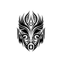 Vector sketch of a Polynesian god mask, black and white tattoo style.