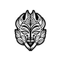 Vector tattoo sketch of a Polynesian god mask in black and white.