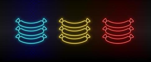 Neon icon set sausages . Set of red, blue, yellow neon vector icon on dark background