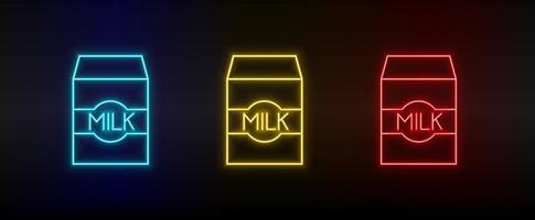 Neon icon set milk. Set of red, blue, yellow neon vector icon on dark background