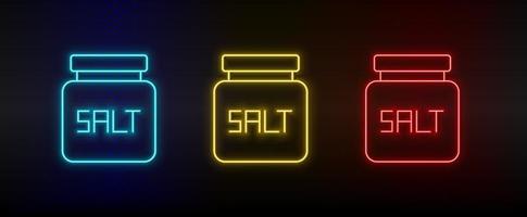 Neon icon set salt, bottle. Set of red, blue, yellow neon vector icon on dark background