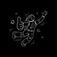 Astronaut with hand class print. Cosmonaut White line art in black background. Vector illustration.