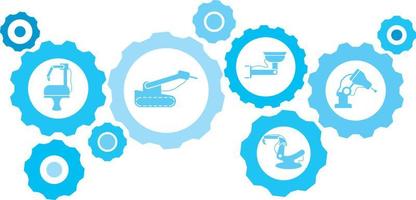 Robot, icon, technology blue gear set. Abstract background with connected gears and icons for logistic, service, shipping, distribution, transport, market, communicate concepts on white background vector